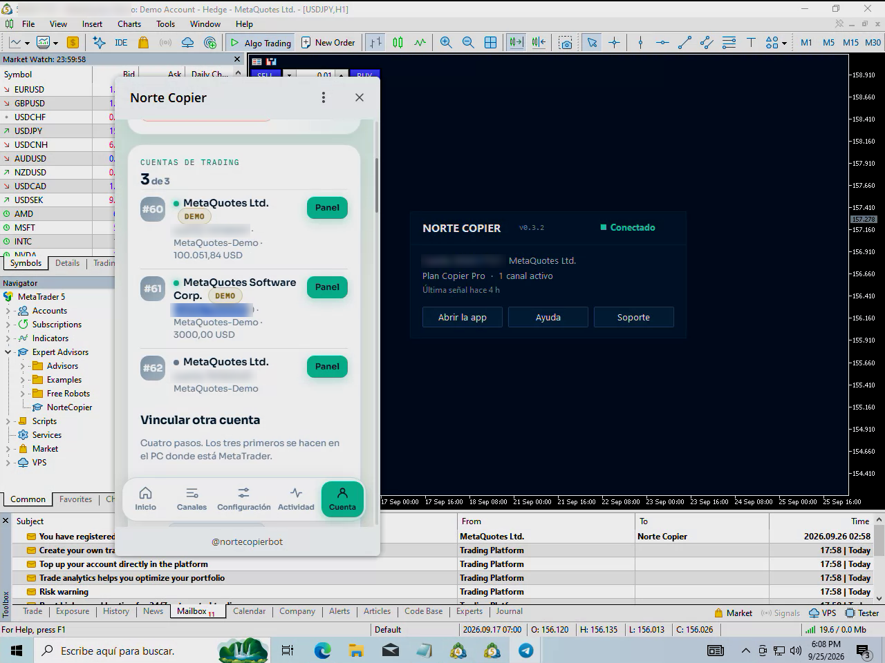 The linked account, with its broker, number and balance.