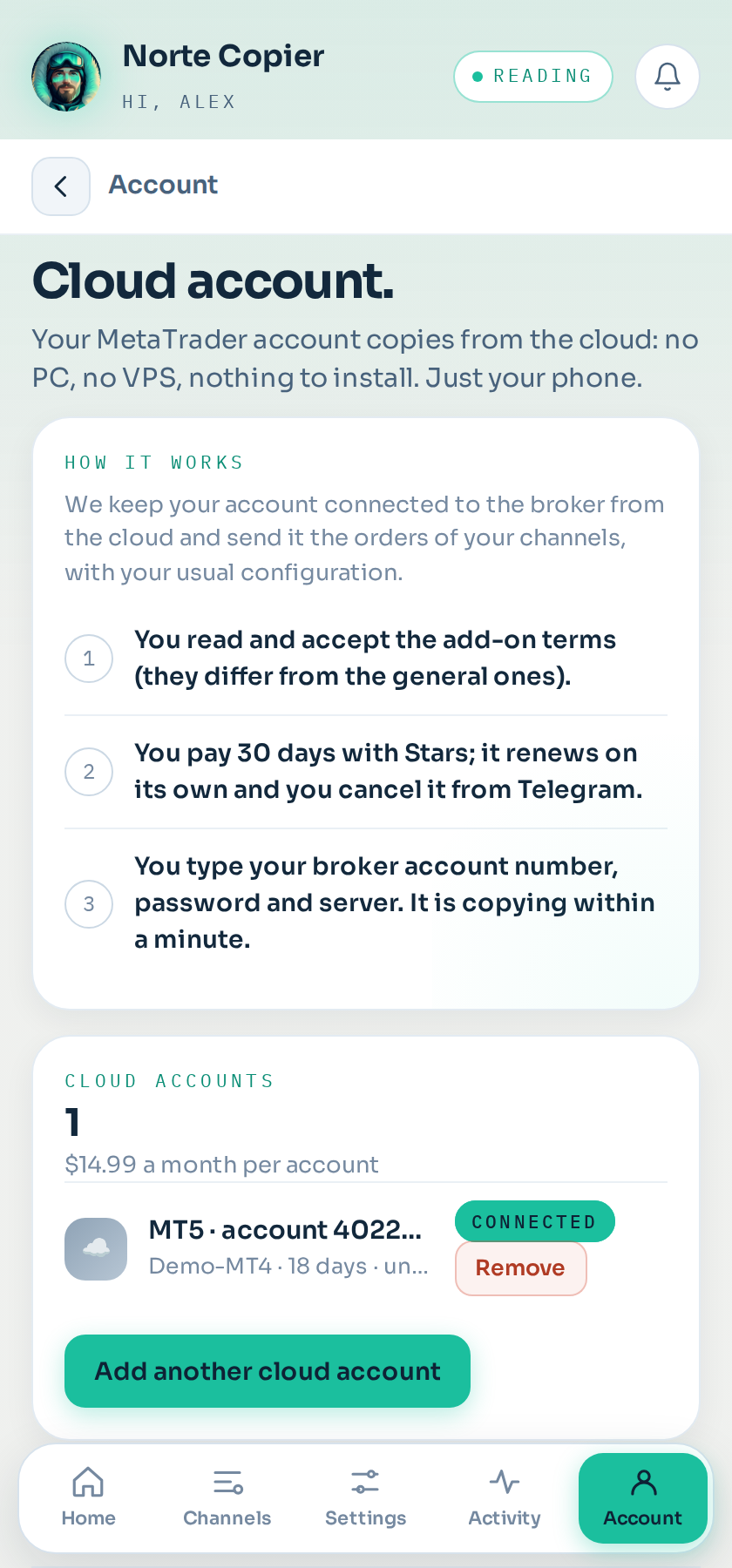 The cloud account, with its days and its status.