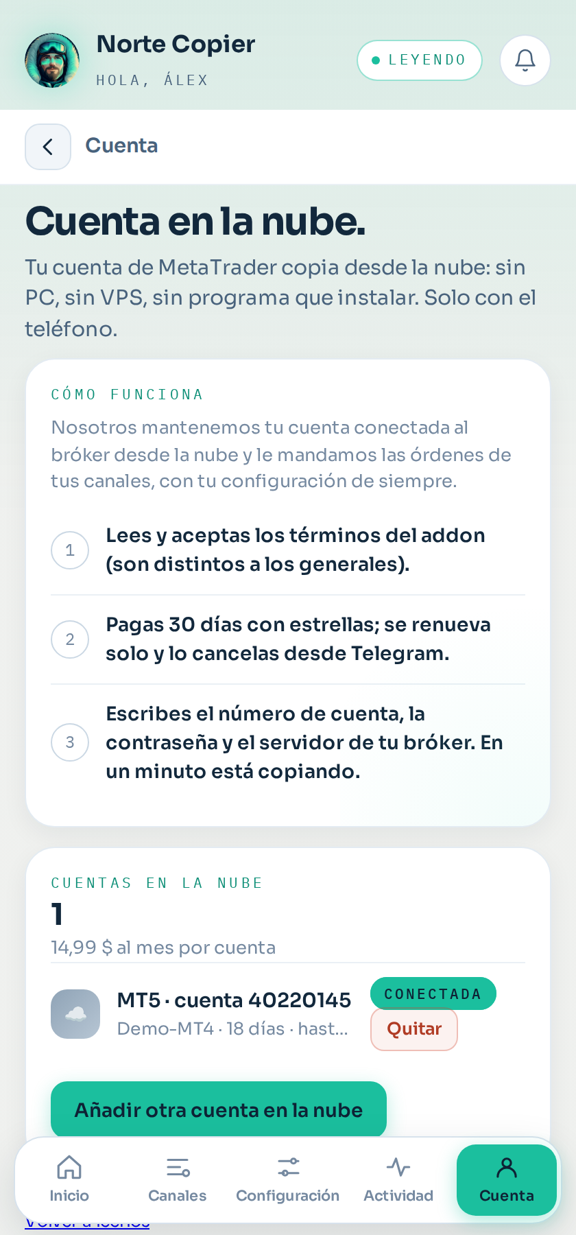 La cuenta en la nube, con sus días y su estado.