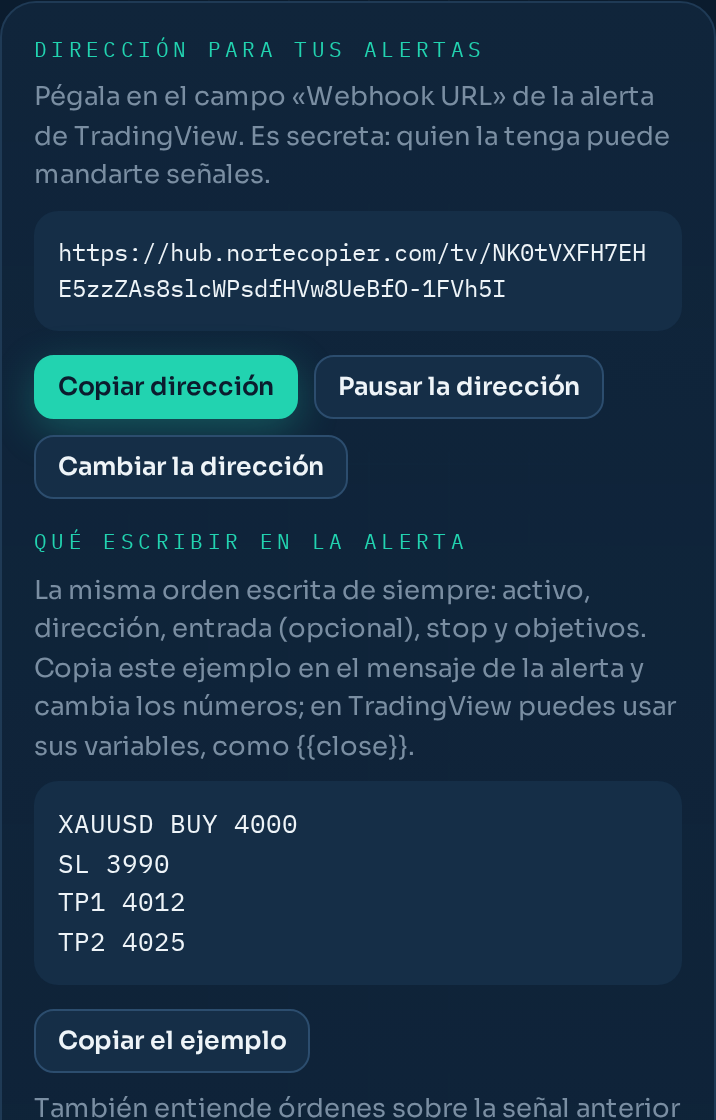 El panel del canal: la dirección, el ejemplo del mensaje y las protecciones.